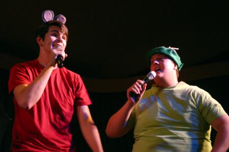 Andrew Spena and Kevin Isbell dressed as mice from <em>Cinderella</em> perform a number for All-Sing during Family Weekend. Spena and Isbell were part of Cody Curtis's large group. - Photo by Stephanie Schroeder