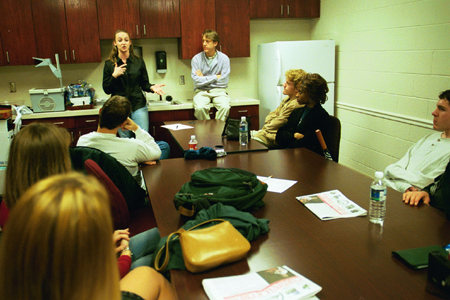 Local theatre teachers Mary Catherine Bond-Gatlin and Chris Bennett share their real world experience with theatre majors at the Communication Arts department's <i>Wisdom from the Trenches</i> during Homecoming 2003. - Photo by Justin Veneman