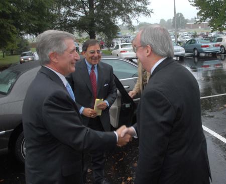 President Dockery greets Andrew Card and Leon Panetta as they arrived on campus prior to the Scholarship Banquet.  Panetta, who served as chief of staff for President Clinton, and Andrew Card, former chief of staff for President George W. Bush, were the keynote speakers for Union’s 11th annual Scholarship Banquet and provided an insider’s look at White House operations.  - Photo by Morris Abernathy