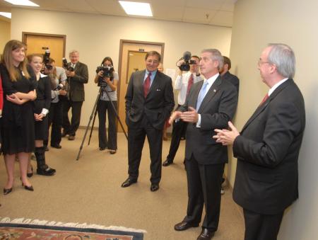 Andrew Card and Leon Panetta responded to some questions from students prior to the Scholarship Banquet. - Photo by Morris Abernathy