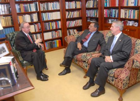 Andrew Card and Leon Panetta spent some time in President Dockery's office prior to the Scholarship Banquet. - Photo by Morris Abernathy
