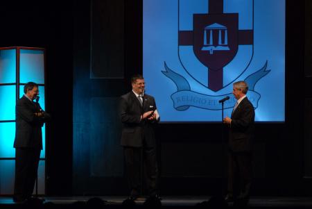 Andrew Card answered a question about the future occupant of the White House during the closing Q&A session at the Scholarship Banquet. - Photo by Morris Abernathy