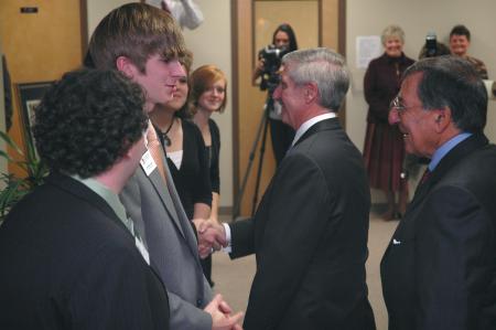 Andrew Card and Leon Panetta stopped at Union to speak with student leaders prior to the Scholarship Banquet.  - Photo by Neisha Fuson