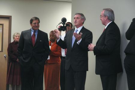 Andrew Card and Leon Panetta responded to some questions from students prior to the Scholarship Banquet. - Photo by Neisha Fuson
