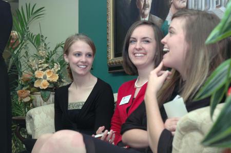 Emily Watlington, Erin Brassert and Amanda Pennington fellowshipped after meeting Leon Panetta and Andrew Card prior to the Scholarship Banquet.  - Photo by Neisha Fuson