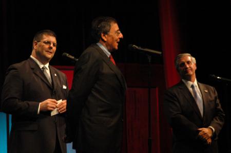 Charles Fowler moderated a few questions from the audience for Leon Panetta and Andrew Card after each had had an opportunity to speak at the Scholarship Banquet. - Photo by Neisha Fuson
