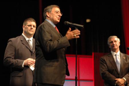 Leon Panetta answered a question about the future occupant of the White House during the closing Q&A session at the Scholarship Banquet. - Photo by Neisha Fuson