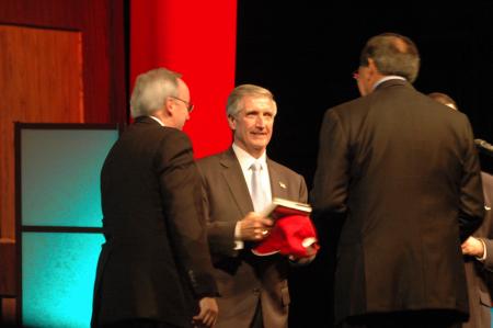 President Dockery presented Andrew Card and Leon Panetta with some Union memorabilia at the close of the Scholarship Banquet.  - Photo by Neisha Fuson