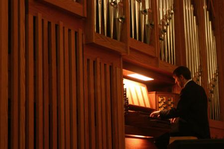 Olivier Latry, titular organist of the Cathedral of Notre-Dame in Paris, performs in the chapel for the McAfee Organ Concert. - Photo by Stephanie Schroeder