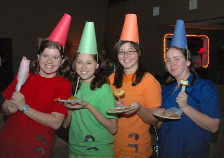 Rebecca Eaton, Lanette Gilbert, Hannah Carroll and Emily Davis came out as Crayola crayons for this year's Costume Coffee House. - Photo by Neisha Fuson