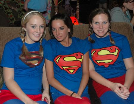 A Costume Coffee House can never have too many super heros.  Kendall Conner, Rebecca Tucker, Ashley Pugh all came dressed as Superman.  - Photo by Neisha Fuson