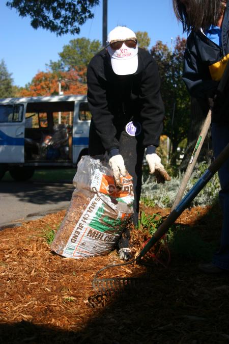 Leila Lawrence lays mulch down on flower beds and around trees at Whitehall Elementary School during Day of Remembrance. - Photo by Stephanie Schroeder