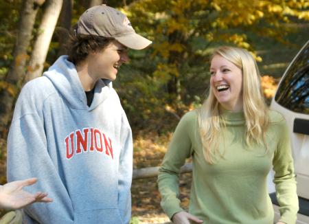 Noah Arnold and Racheal Pressnell have a little fun while serving at Fort Pillow State Historic Park on Day of Remembrance. - Photo by Matthew Diggs