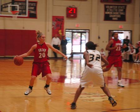 Freshman Kayla Hudson brings the ball down the floor during Union's Homecoming win over Harris-Stowe State College (Mo.).  - Photo by Neisha Fuson