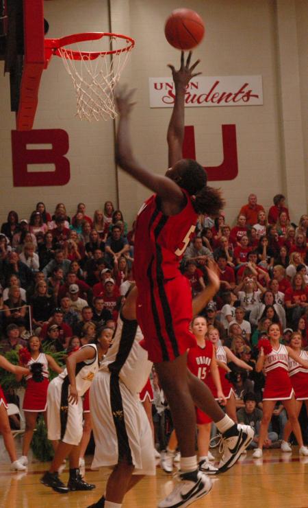 Union junior Josephine Owino goes up for a rebound in the Lady Bulldogs' Homecoming win over Harris-Stowe State College (Mo.).  - Photo by Neisha Fuson