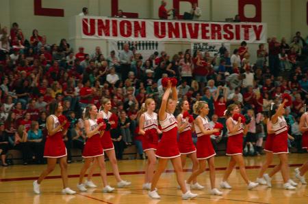 Union cheerleaders cheer on their team after the Lady Bulldogs won the Homecoming game against Harris-Stowe State.  - Photo by Neisha Fuson