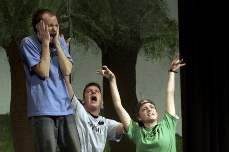 Kip Arrowood as Alexander gets hassled by his brothers, Dave Darty as Anthony and Emily Watlington as Nick in <em>Alexander, Who's Not Not Not Not Not Not Going to Move</em> presented by the Union University Players. - Photo by Kyle Kurlick
