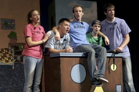 Caitlin Riggs, Dave Darty, Kip Arrowood, Emily Watlingtion and Kieler Henry perform in <em>Alexander, Who's Not Not Not Not Not Not Going to Move</em> presented by the Union University Players. - Photo by Kyle Kurlick