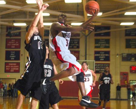 Bulldog junior Tony Brown goes up for a layup during Union's Homecoming victory over Campbellsville University (Ky.). - Photo by Matthew Diggs