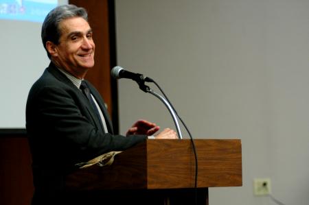 Former poet laureate of the United States Robert Pinsky leads a rousing discussion of student poetry, emphasizing the role of the poet who is uniquely able to place his words into the  mouth of the reader. - Photo by Matt Elia