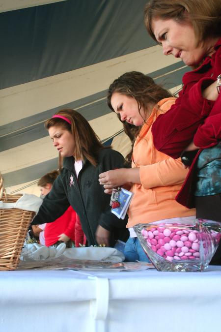Guests at Homecoming's Arts in the Park browse at Rose Rogers's booth. - Photo by Kristi McMurry Woody