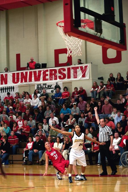 Merideth Richardson Jacobs, Union senior physical education and health major, watches her shot fall in the Lady Bulldogs' win over Harris-Stowe State College (Mo.). - Photo by Kristi McMurry Woody