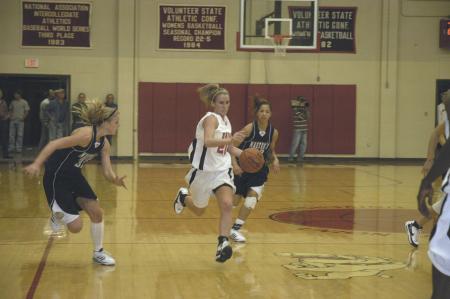 Freshman Kayla Hudson drives past defenders in Union's win over The Master's College (Calif.).                  - Photo by Jordan Buie