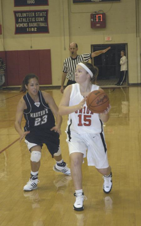 Freshman Ella Jones passes the ball during Union's game versus The Master's College (Calif.) during the Jackson Rotary Classic. - Photo by Jordan Buie