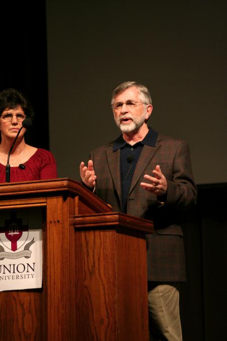 Sharron and Larry Pumpelly, former missionaries to Kenya and Uganda, spoke for Union's Aids Awareness chapel about the True Love Waits program they were involved with. - Photo by Kristi McMurry Woody