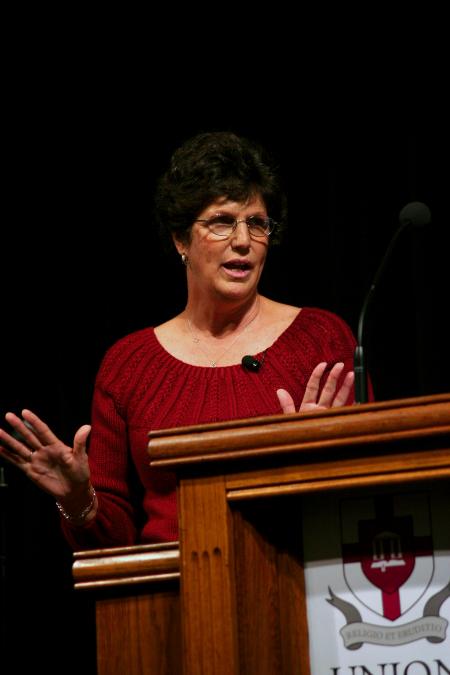 Sharron Pumpelly, former missionary to Kenya and Uganda, spoke for Union's Aids Awareness chapel about the True Love Waits program she and her husband, Larry, were involved with. - Photo by Kristi McMurry Woody