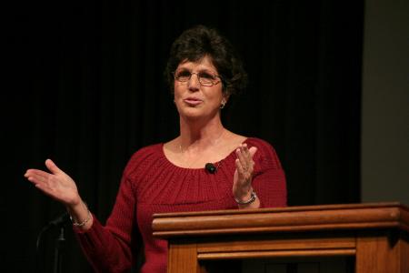 Sharron Pumpelly, former missionary to Kenya and Uganda, spoke for Union's Aids Awareness chapel about the True Love Waits program she and her husband, Larry, were involved with. - Photo by Kristi McMurry Woody