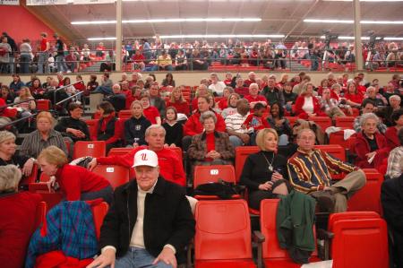 The stands were red during the game against Freed Hardeman University, the first game in Union's home gym since the February 5 tornado.  - Photo by Neisha Fuson