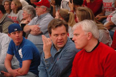 Professors Gene Fant and Mark Dubis enjoy Union's first home game since the tornado.  - Photo by Neisha Fuson
