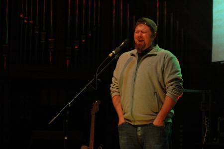 Shane Everett, of Shane & Shane, wails out the lyrics during the Union University benefit concert. 

 - Photo by Neisha Fuson