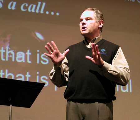 Bob Reccord, President of the North American Mission Board, speaks on answering God's call during a recent chapel service. - Photo by Cam Tracy