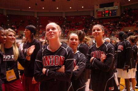Lady Bulldogs look for their friends and family in the stands at this year's NAIA.  - Photo by Neisha Fuson