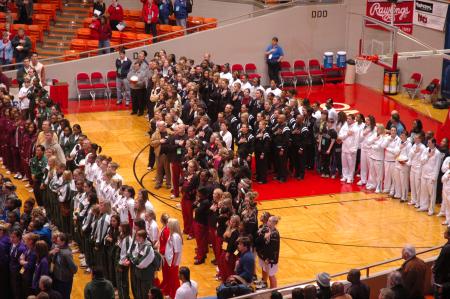 The Lady Bulldogs help form the letter A for NAIA in this year's tournament held in Oman Arena.  - Photo by Neisha Fuson