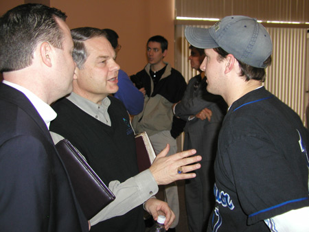Bob Reccord (center), President of the North American Mission Board, talks with University Minister Todd Brady (left) and Freshman Taylor Conley (right) of Arlington, Tenn. shortly after Reccord's chapel address.  - Photo by Cam Tracy