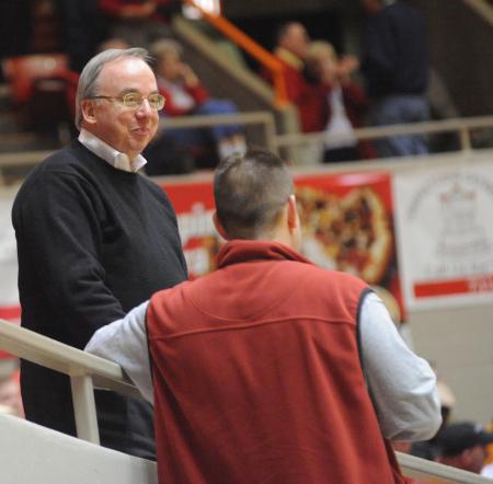 President Dockery and News Director Tim Ellsworth fellowship during the NAIA national tournament. - Photo by Morris Abernathy