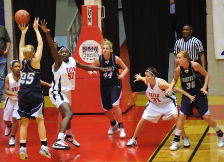 The Lady Bulldogs defend their goal against The Master's College (Calif.) during the second round of the NAIA national tournament. - Photo by Morris Abernathy