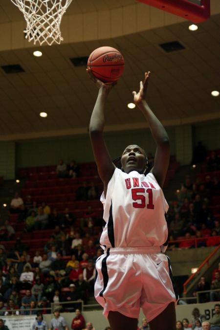 Josephine Owino goes up for a shot during the semi-final game of the NAIA tournament against Vanguard. - Photo by Kristi McMurry Woody