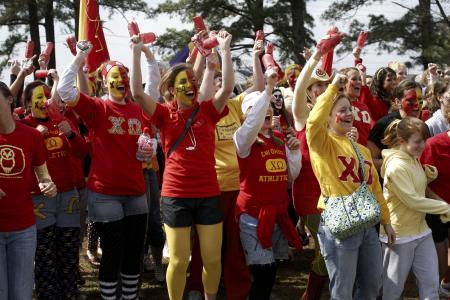 Chi Omega cheers as they win first place at the Greek Olympics. - Photo by Kyle Kurlick