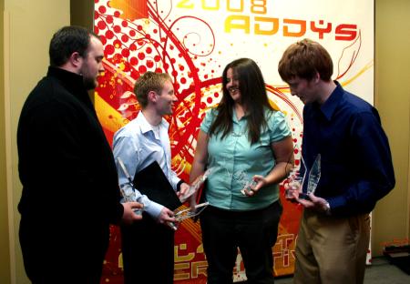 Seniors Will Calvert, Brian Burns, Kat Douglas and Alan Knox talk about their awards after the annual Addy awards.   - Photo by Kristi McMurry Woody