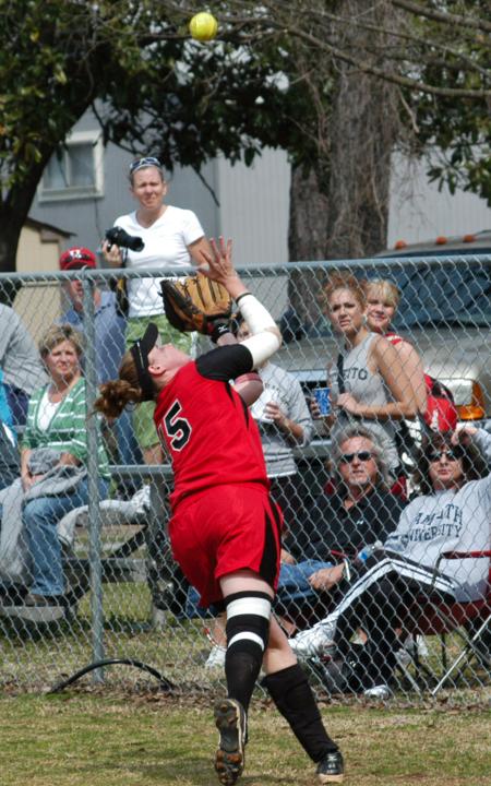 Ashley Blankenship makes a running catch in foul territory in Union's win at Lambuth. - Photo by Steven Aldridge