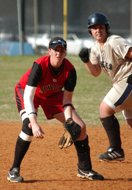 Ashley Blankenship gets into fielding position at first base. - Photo by Steven Aldridge