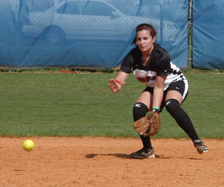 Lindsey Landreneau awaits a ground ball at her shortstop position. - Photo by Steven Aldridge