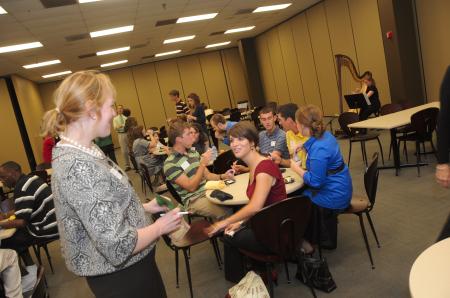 Dean Kimberly Thornbury fellowships with Senior Ashley Diehm at the President's Reception. - Photo by Morris Abernathy
