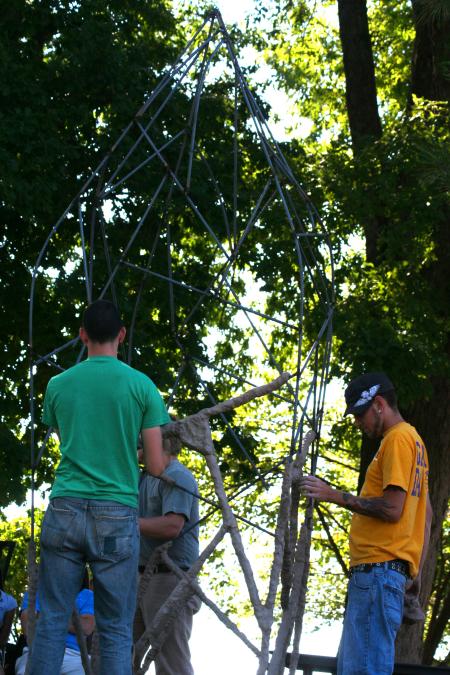 Rob Alsobrook, Union alumni, conducted a sculpture workshop for Union art majors outside the photo house.  Alsobrook and his assistants packed clay with seeds in it onto a metal form, hoping that in time the seeds will drop and plants will grow. - Photo by Kristi McMurry Woody