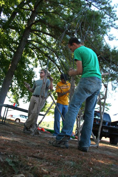 Rob Alsobrook, Union alumni, conducted a sculpture workshop for Union art majors outside the photo house.  Alsobrook and his assistants packed clay with seeds in it onto a metal form, hoping that in time the seeds will drop and plants will grow. - Photo by Kristi McMurry Woody