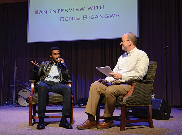 George Guthrie, Benjamin W. Perry Professor of Bible, interviewing Bisangwa for the Culture Fest chapel service